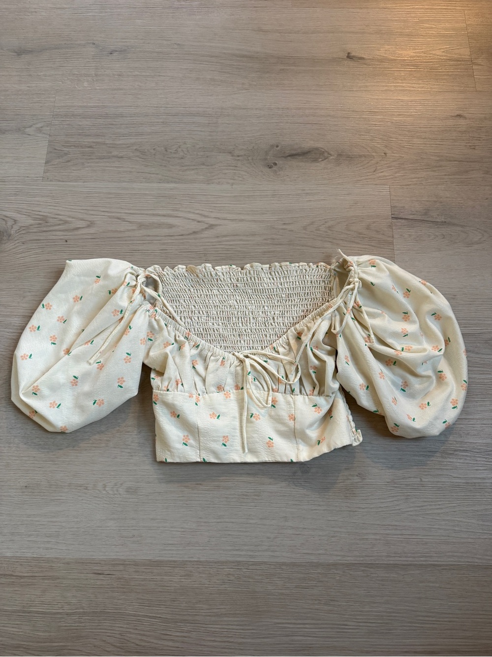 Cream floral corset crop top puff sleeves cottagecore coquette fairycore